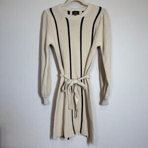 Women's Vici Black and Cream Striped Sweater Dress with‎ Tie Waist Size Medium